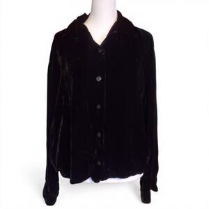 Vintage 90s Black Velvet High Low Long Sleeve Button Front Long Sleeve Shirt